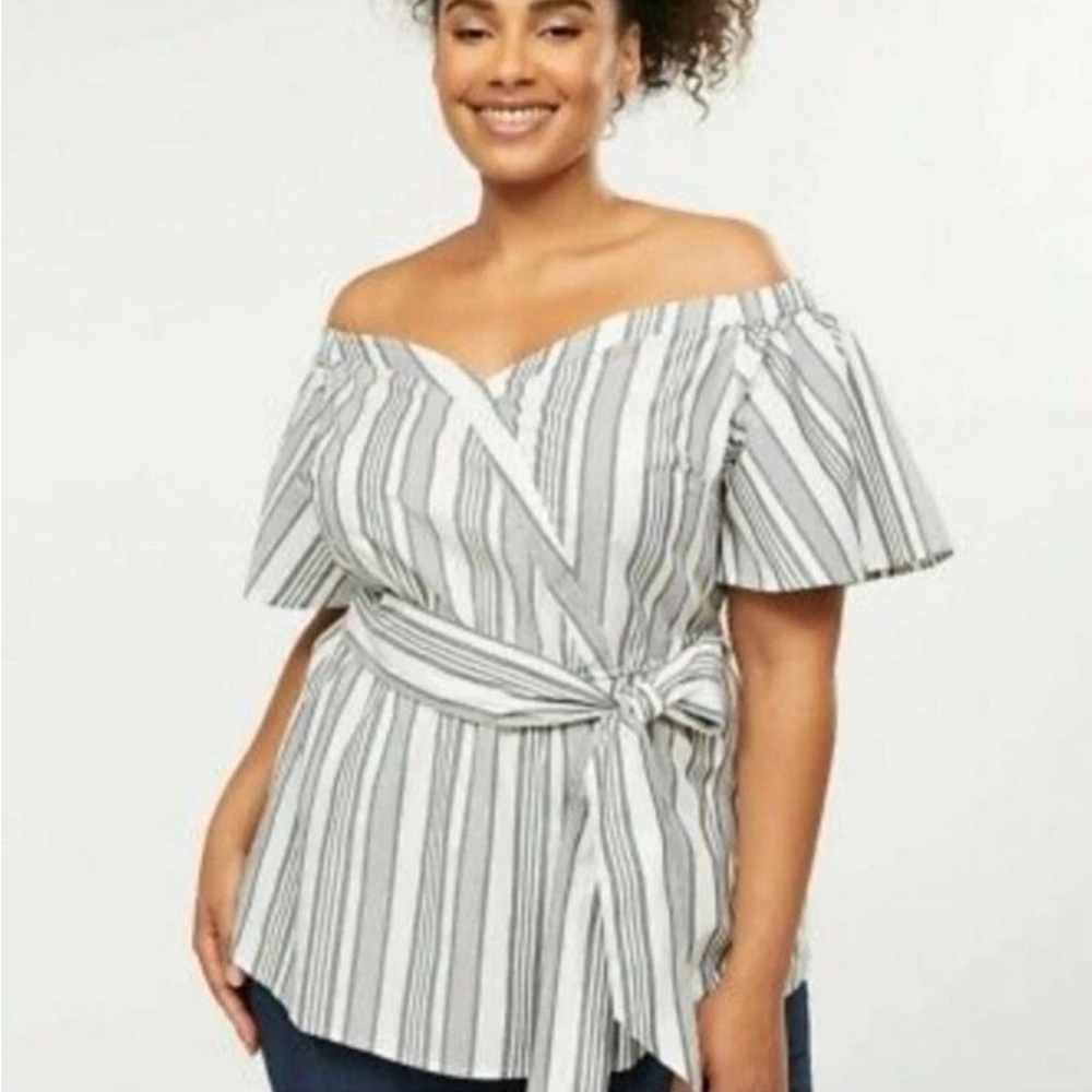 Lane Bryant Size 18 Blouse Gray White Striped Off the Shoulder Tie at Waist - Picture 10 of 13
